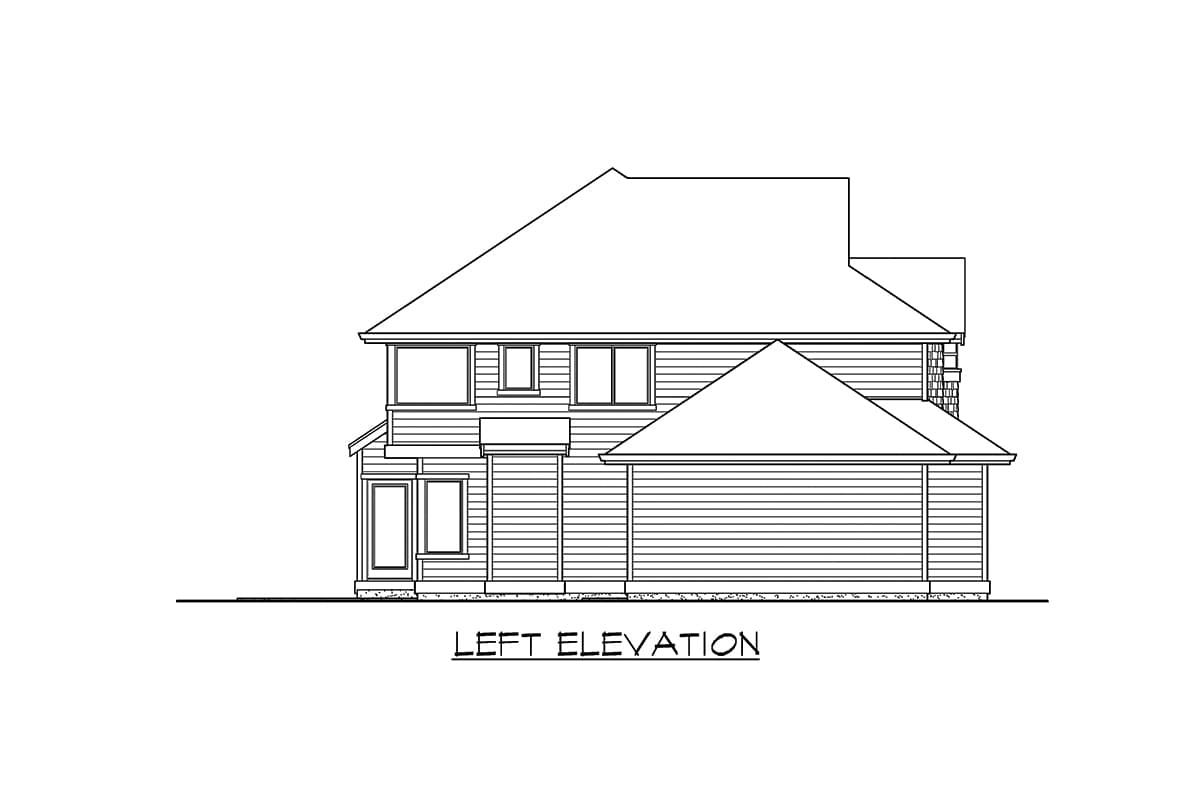 Left elevation drawing of a two-story house plan featuring horizontal siding, varied rooflines, and an attached garage.