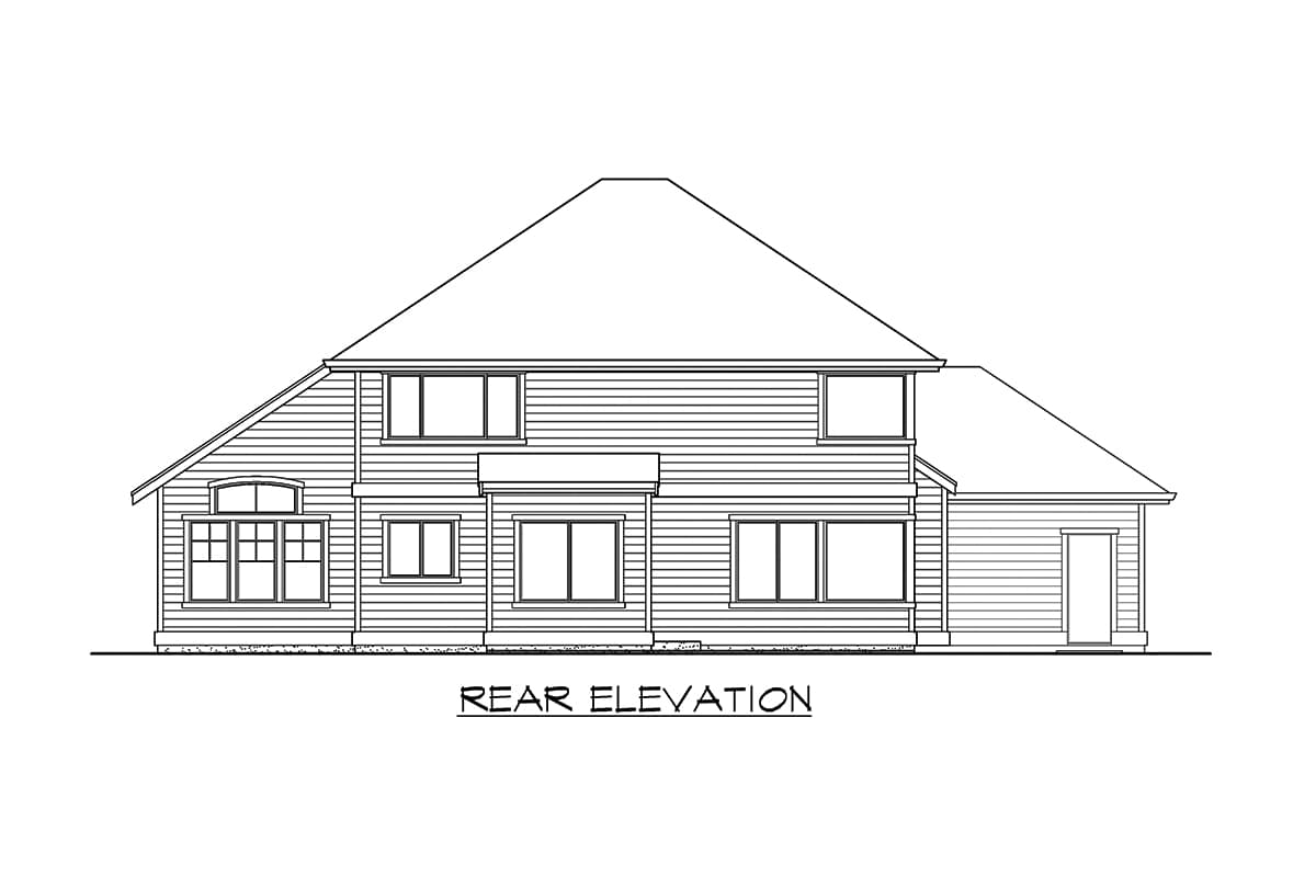 Rear elevation drawing of a two-story house with horizontal siding, multiple windows, a dormer, and a pitched roof.