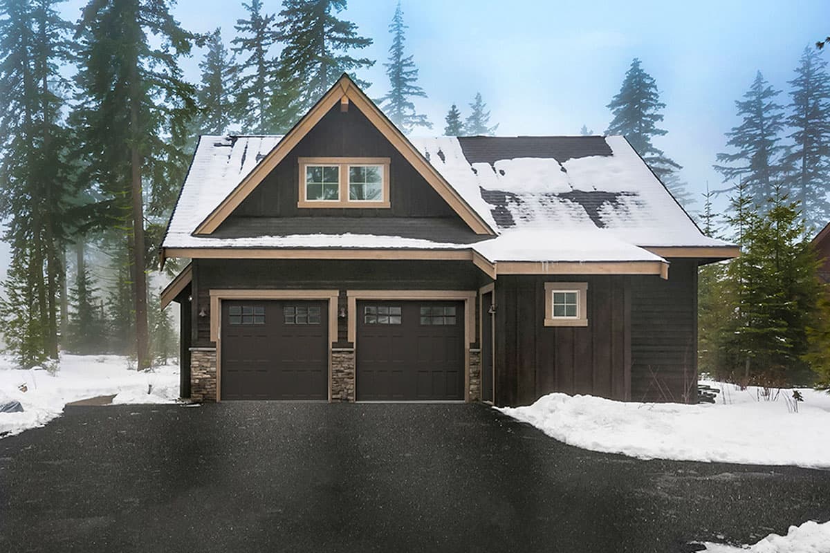 House plan exterior with a dark wood facade, two garage doors, and a prominent gable dormer.