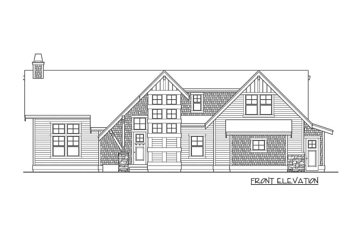 Front elevation house plan drawing with gables, varied window styles, and stacked stone accents.