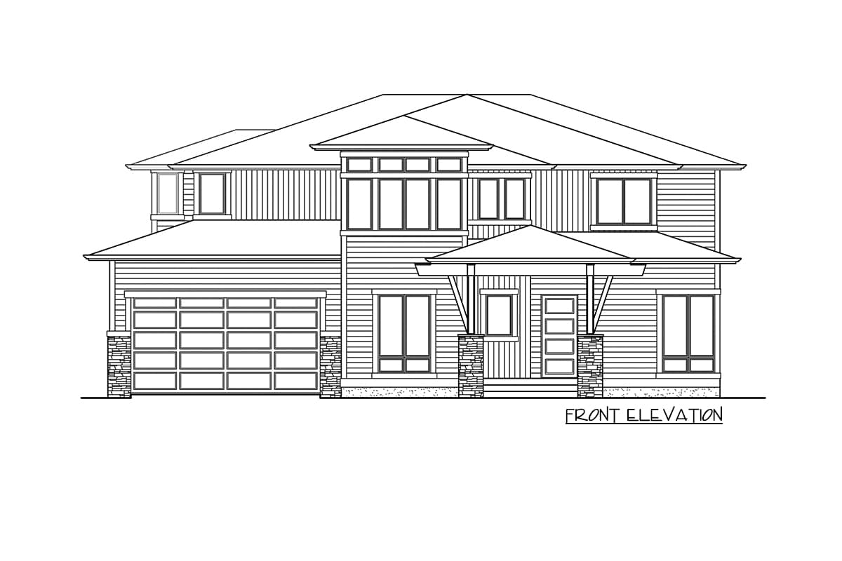 Front elevation drawing of a two-story house with a two-car garage, covered entry porch, and multiple gables.