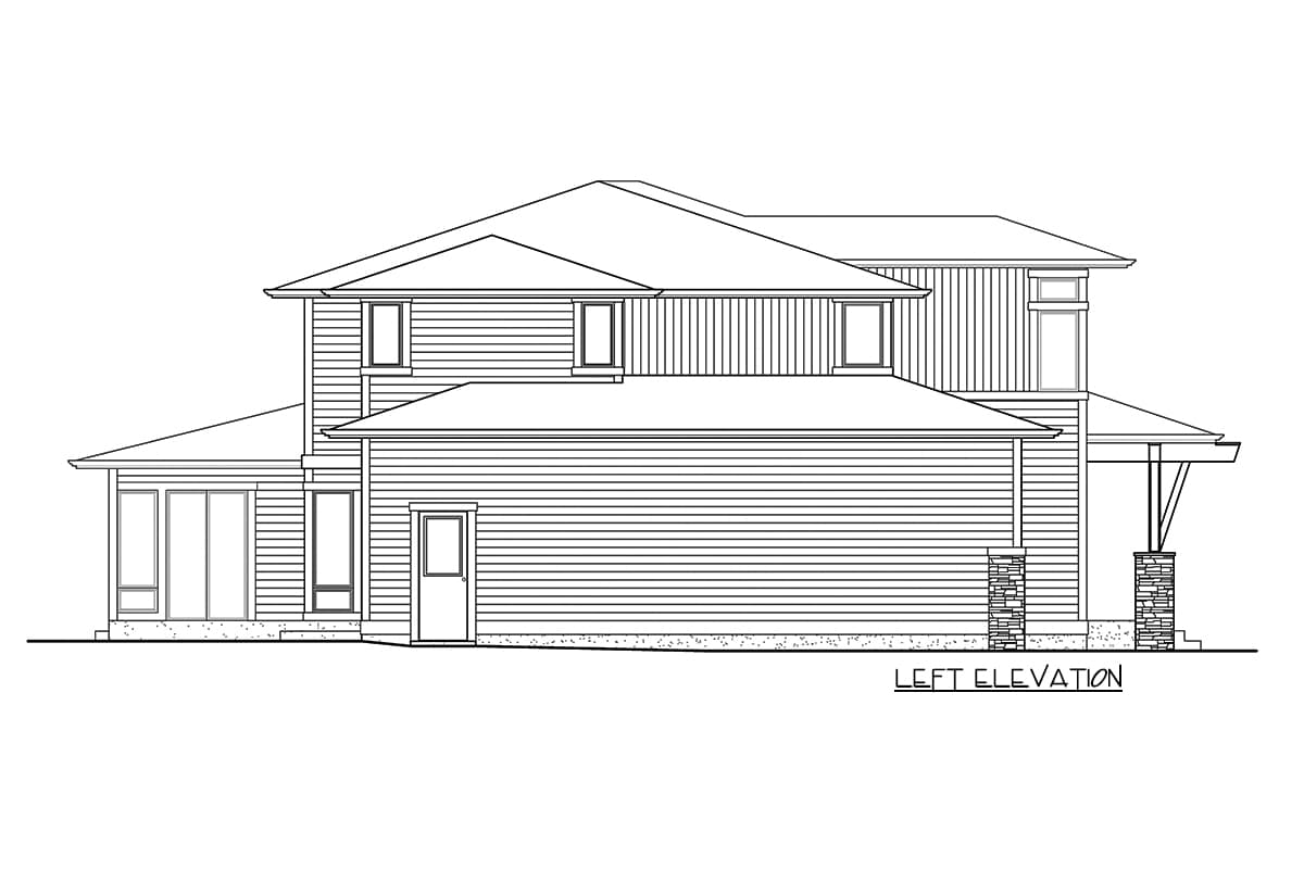 Left elevation drawing of a two-story house with horizontal siding, gabled roof, dormers, and a covered porch with stone columns.