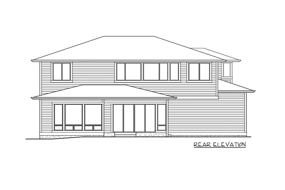 Rear elevation drawing of a two-story house with horizontal siding and a prominent rear-facing gable.