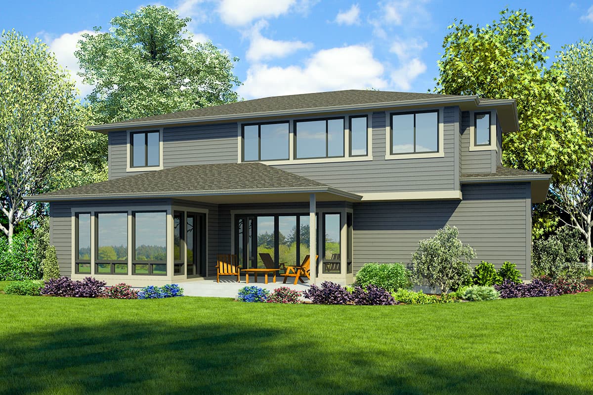 House plan exterior rendering showing a two-story home with a covered patio, large windows, and a modern gabled roof.