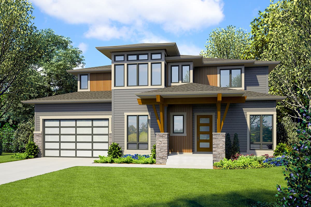 House plan exterior with modern design, two stories, covered entry porch with wood supports, shed roof, and attached garage with glass panels.