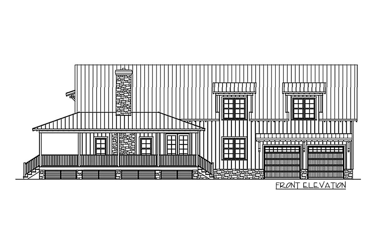 Front elevation drawing of a two-story house with a covered porch, stone chimney, and a three-car garage.