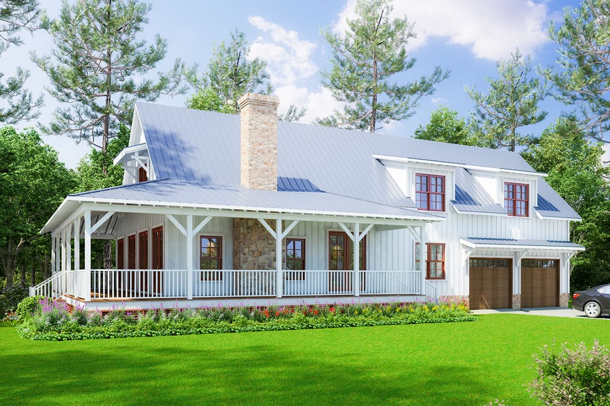 Modern Farmhouse house plan exterior with wraparound porch, stone chimney, board-and-batten siding, and a two-car garage.