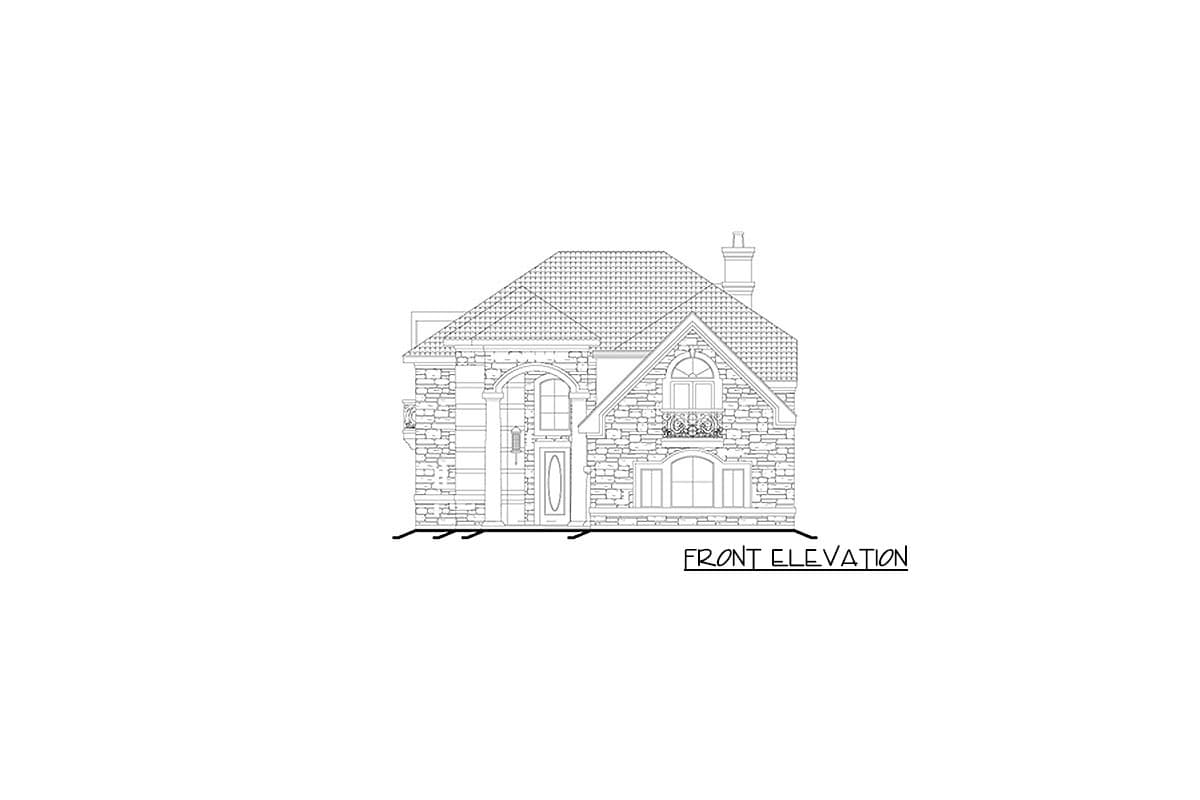 Front elevation drawing of a two-story house plan with stone exterior, arched entryway, and decorative balcony.