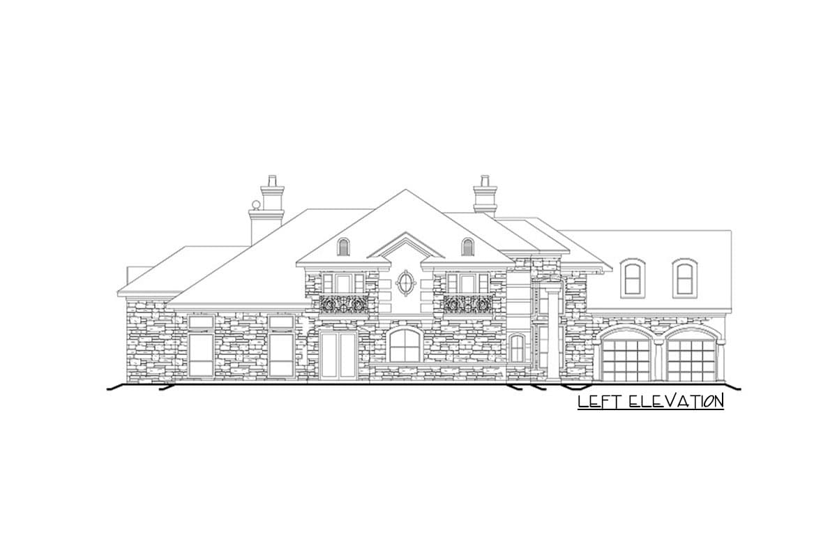 House plan exterior elevation drawing showing stone facade, multiple gables, dormers, balconies, and a three-bay garage.
