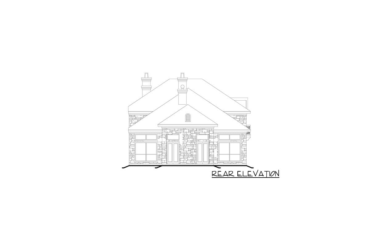 Rear elevation house plan drawing of a stone-clad home with multiple gables, chimneys, and large windows.