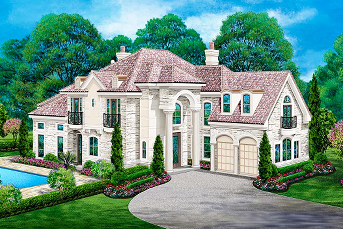 House plan exterior. Two-story home with a stone facade, arched entry, multiple gables, and a porte-cochere over the garage.