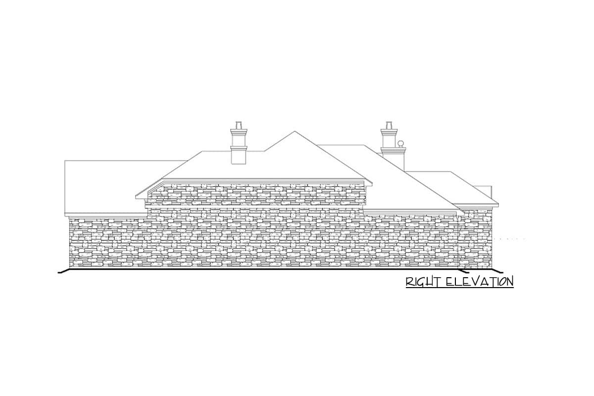 House plan right elevation drawing of a single-story home with stone exterior and two chimneys.