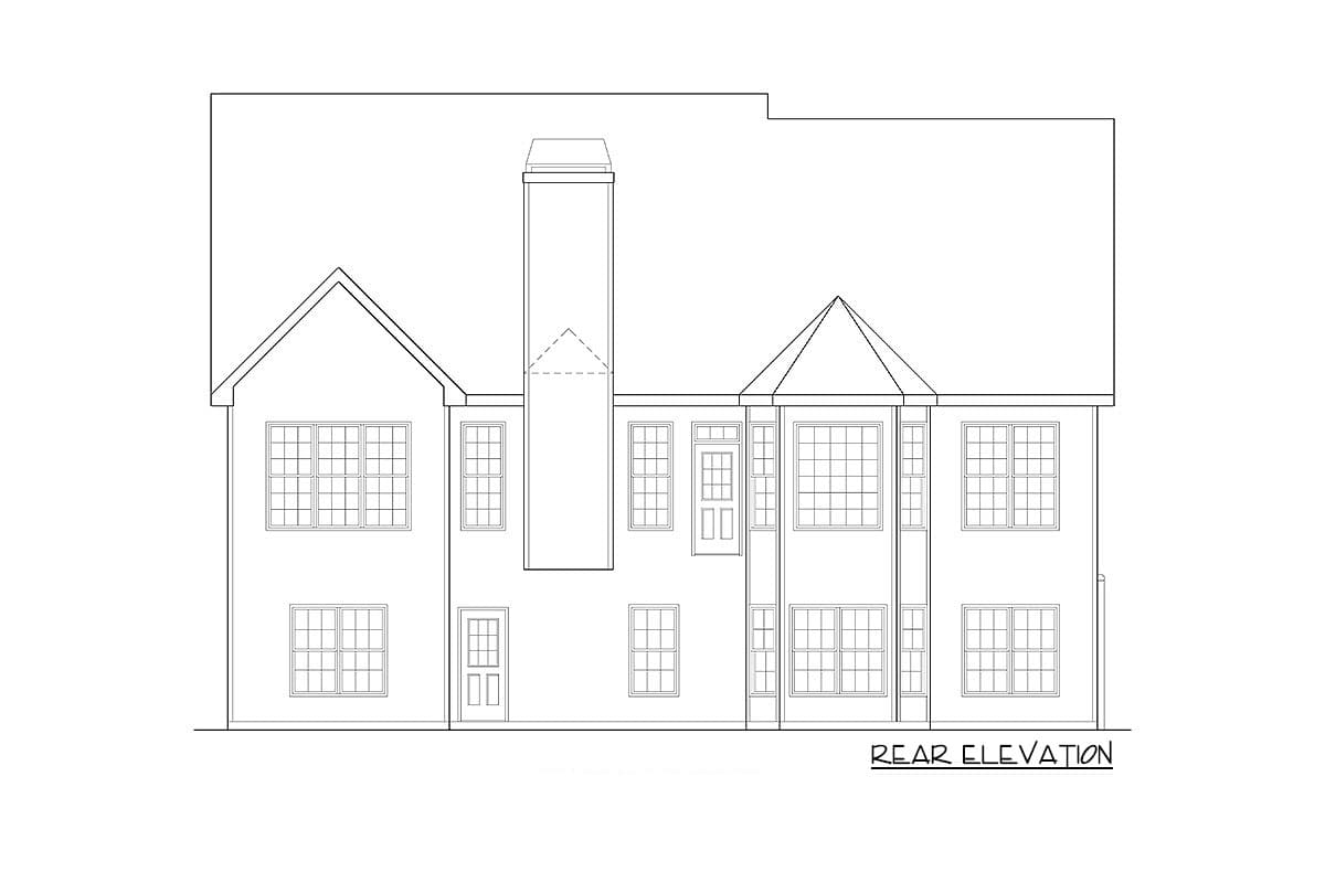 Rear elevation drawing of a two-story house with a prominent chimney, gables, and multiple windows.