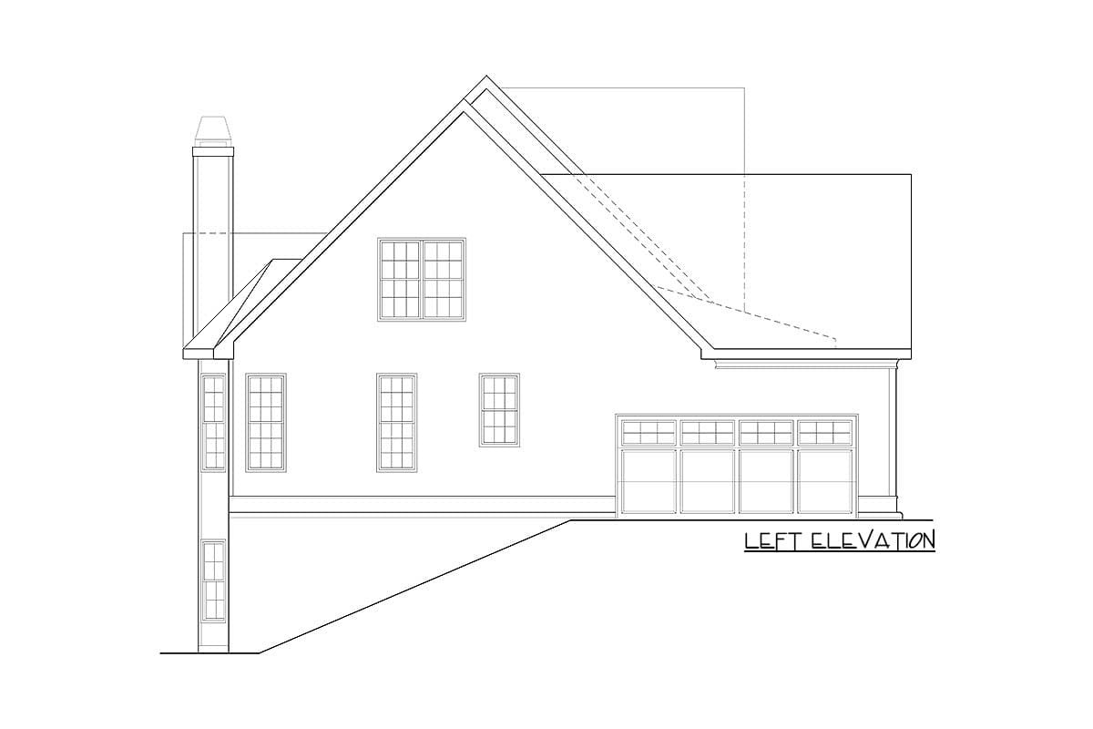 Left elevation of a house plan featuring a chimney, multiple windows, and a multi-pane garage door.