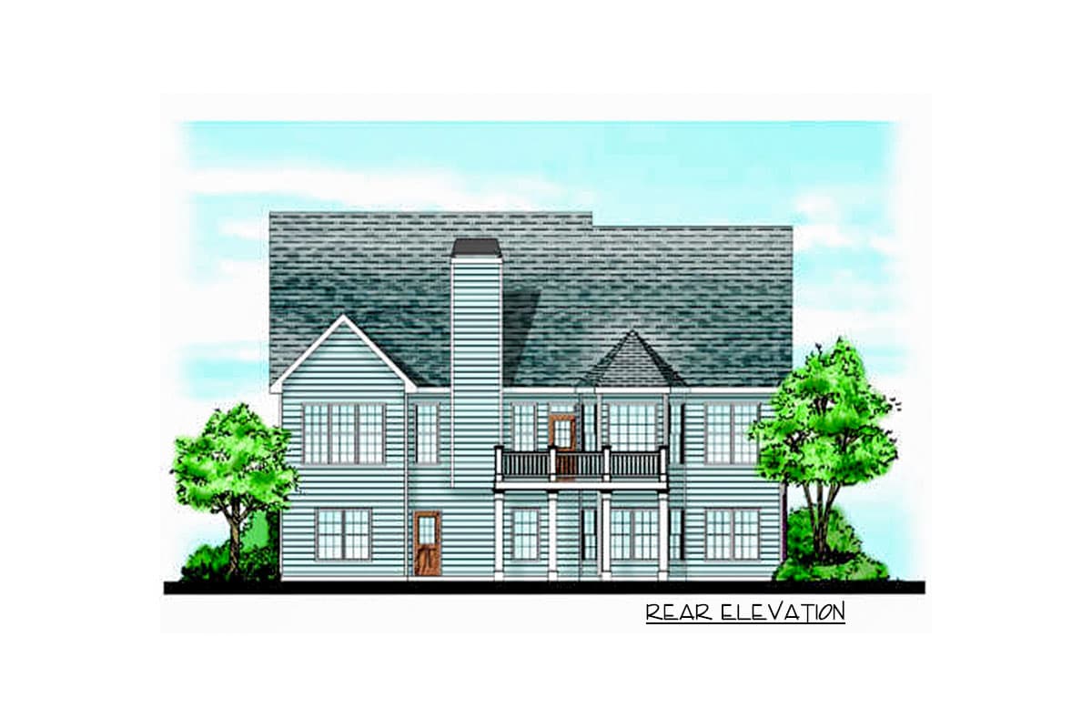 Rear elevation of a two-story house plan featuring multiple gables, a prominent chimney, and a second-story balcony.