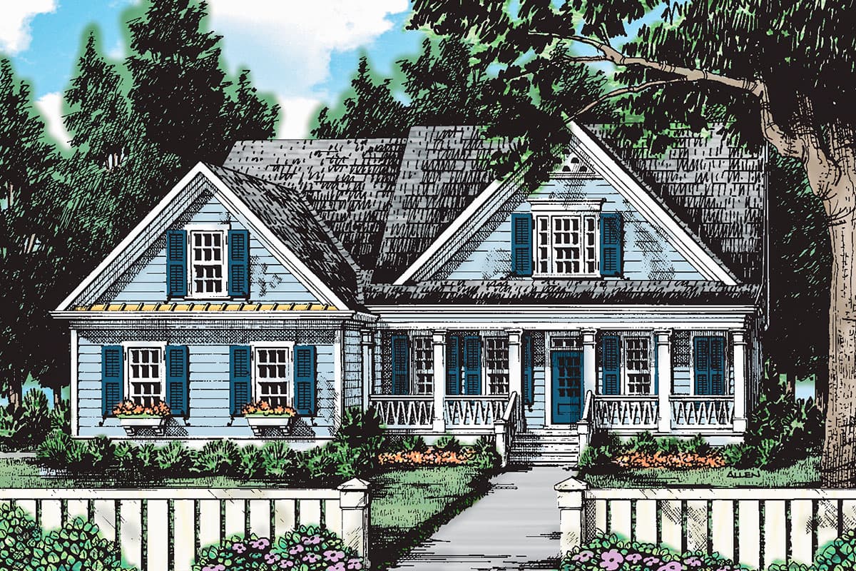 House plan exterior. Two-story cottage style home with gabled roof, front porch, window shutters, and dormers. Features include a white picket fence.