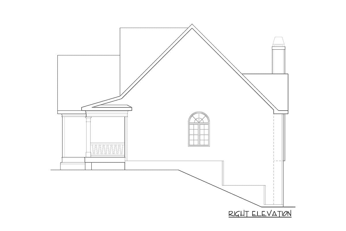 House plan right elevation showing a covered porch with columns, arched window, and chimney.