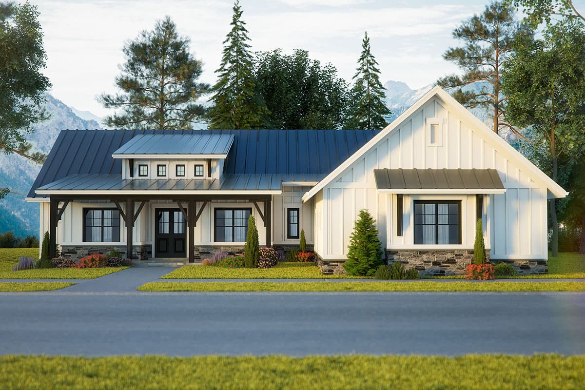 House plan exterior featuring a Modern Farmhouse style with a gable roof, covered porch, and dormer windows. One story.