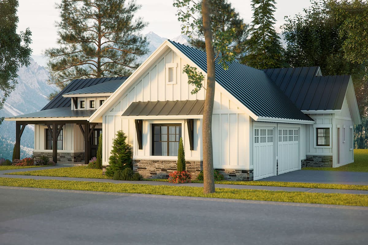 Modern Farmhouse house plan exterior with white board and batten siding, dark metal roof, covered porch, and three-car garage.
