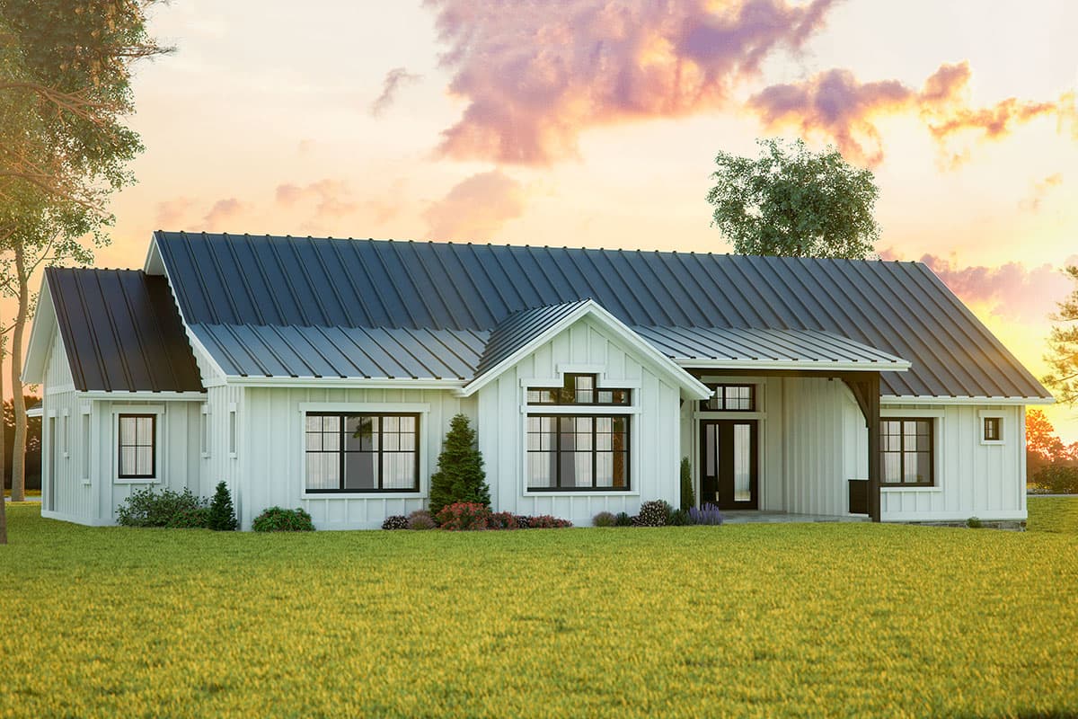 Modern Farmhouse house plan exterior with white board-and-batten siding, dark metal roof, gable dormer, and covered entry.