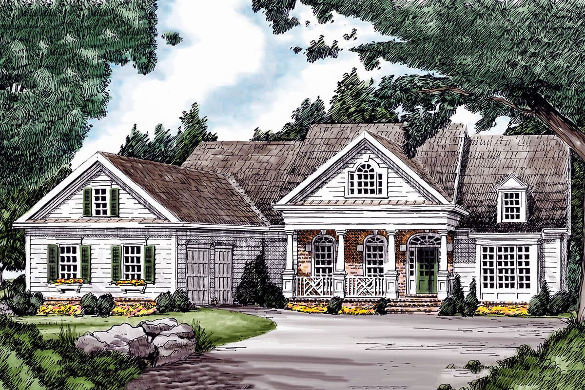 House plan exterior featuring a two-story Colonial style with a front porch, gables, and dormers. Includes a detached garage.