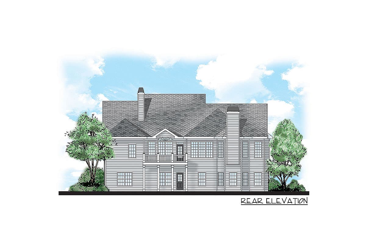 Rear elevation of a two-story house plan with a balcony, multiple gables, and two chimneys.