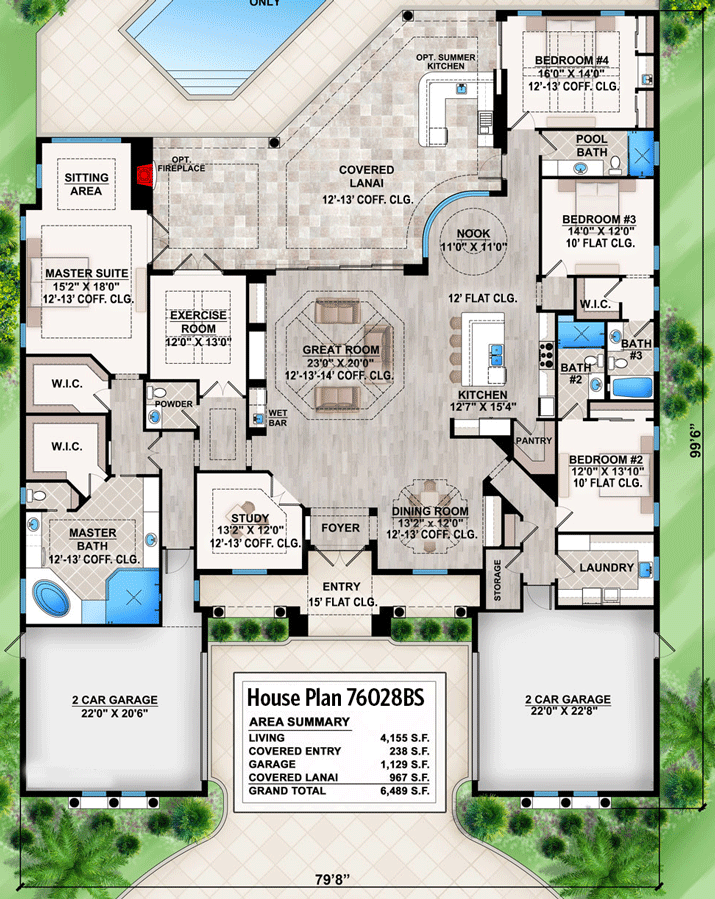Plan 76028BS: Sprawling Mediterranean House Plan Geared Towards Outdoor Living - Floor Plan - Main Level - Coastal, European, Florida-Style, Mediterranean