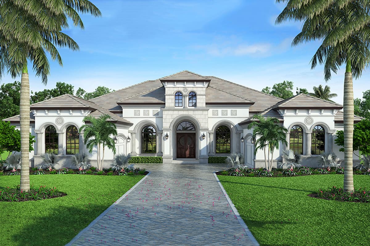 House plan exterior with arched windows, stone entry, and gabled roof. Features a central portico and symmetrical facade with palm trees.