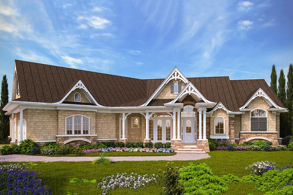 House plan exterior. Two-story home with multiple gables, a covered porch with columns, and arched windows. Features stone accents.