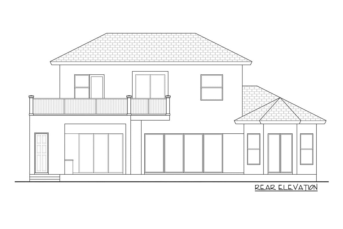 Rear elevation house plan showing two stories, a second-story balcony, and a multi-panel sliding door system.