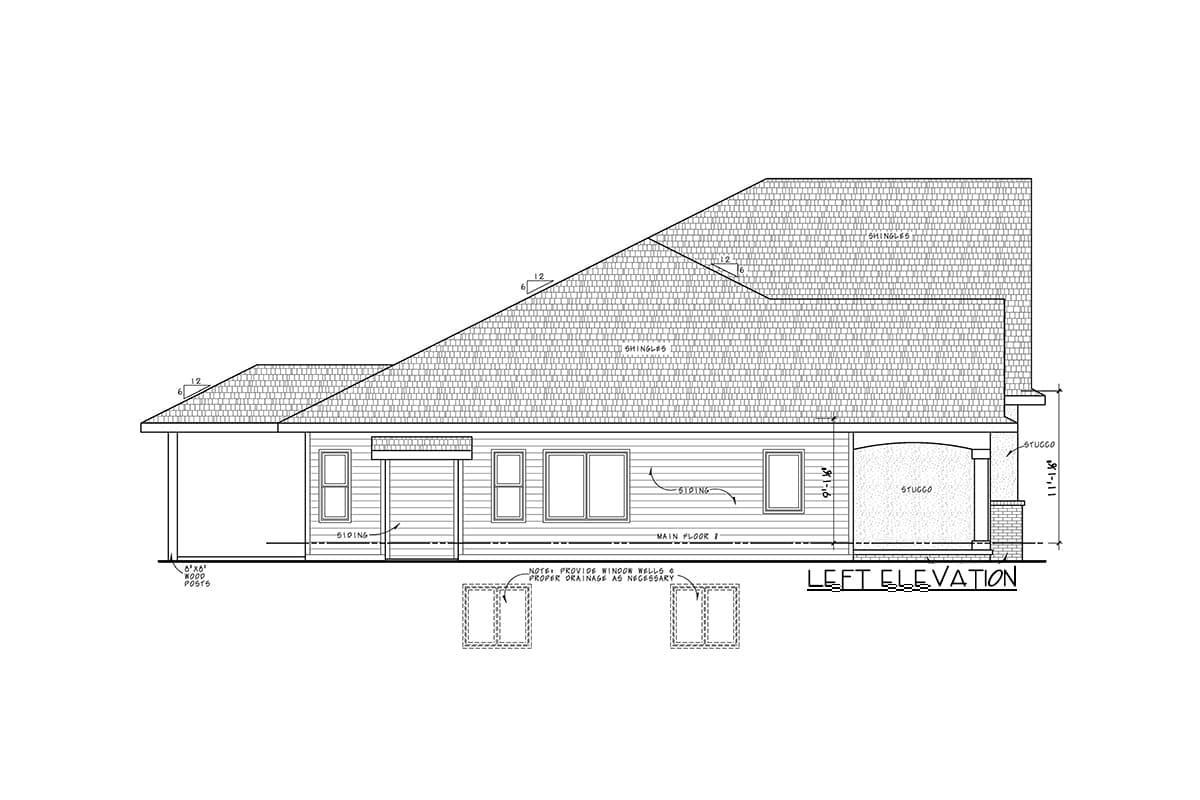 Left elevation house plan drawing showing a single-story structure with siding, a covered porch, and a shingled roof.