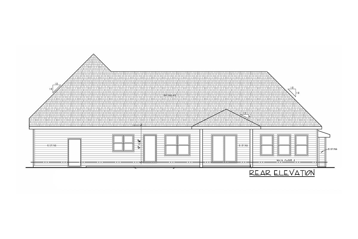 Rear elevation drawing of a house with siding, multiple windows, a door, and a pitched roof.