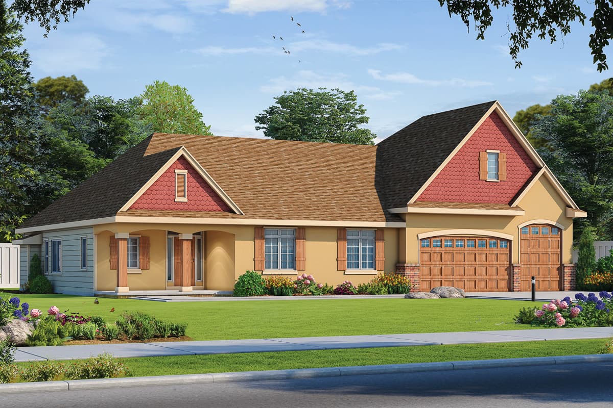 House plan exterior. One-story house with gabled roof, dormers, and attached garage. Includes shutters and a covered entry porch.