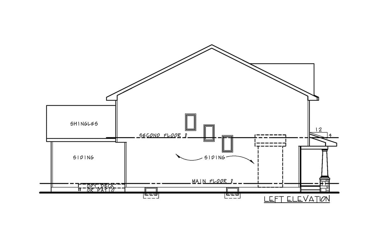 Architectural house plan: left elevation drawing shows two stories, siding, shingles, and a covered porch with stone supports.