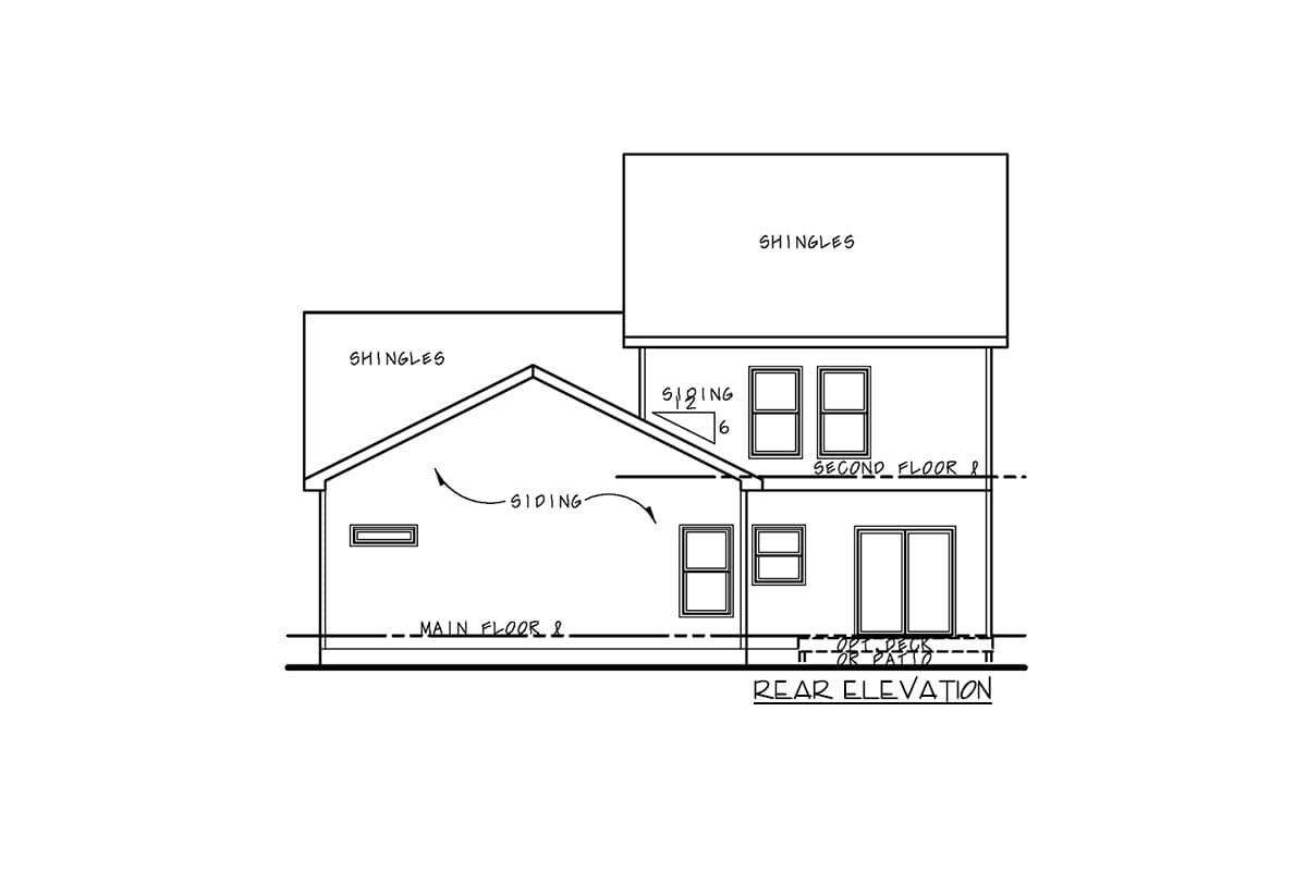 Rear elevation drawing of a two-story house plan with siding and shingles, showing main and second floors.