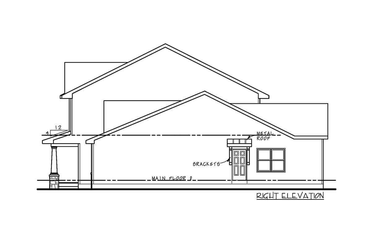 Architectural drawing: Right elevation of a house plan featuring multiple gables, a porch with a column, and a metal roof.