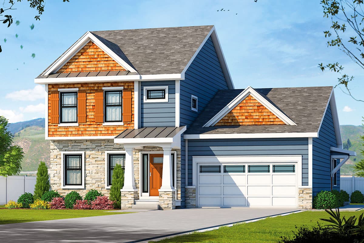 House plan exterior with Craftsman style. Two-story home with shake siding on gables, front-facing gabled roof, and attached garage.