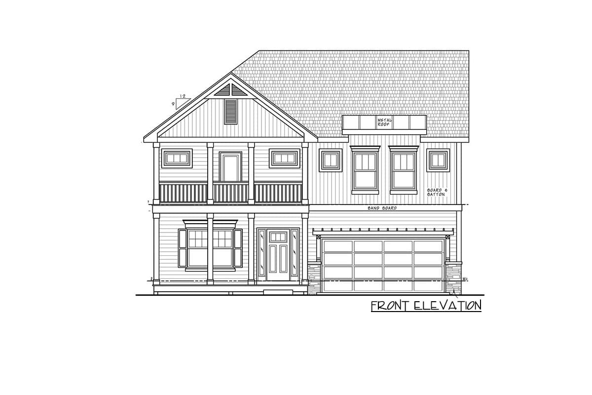 Front elevation drawing of a two-story house plan with a covered front porch, gables, dormers, and a two-car garage.