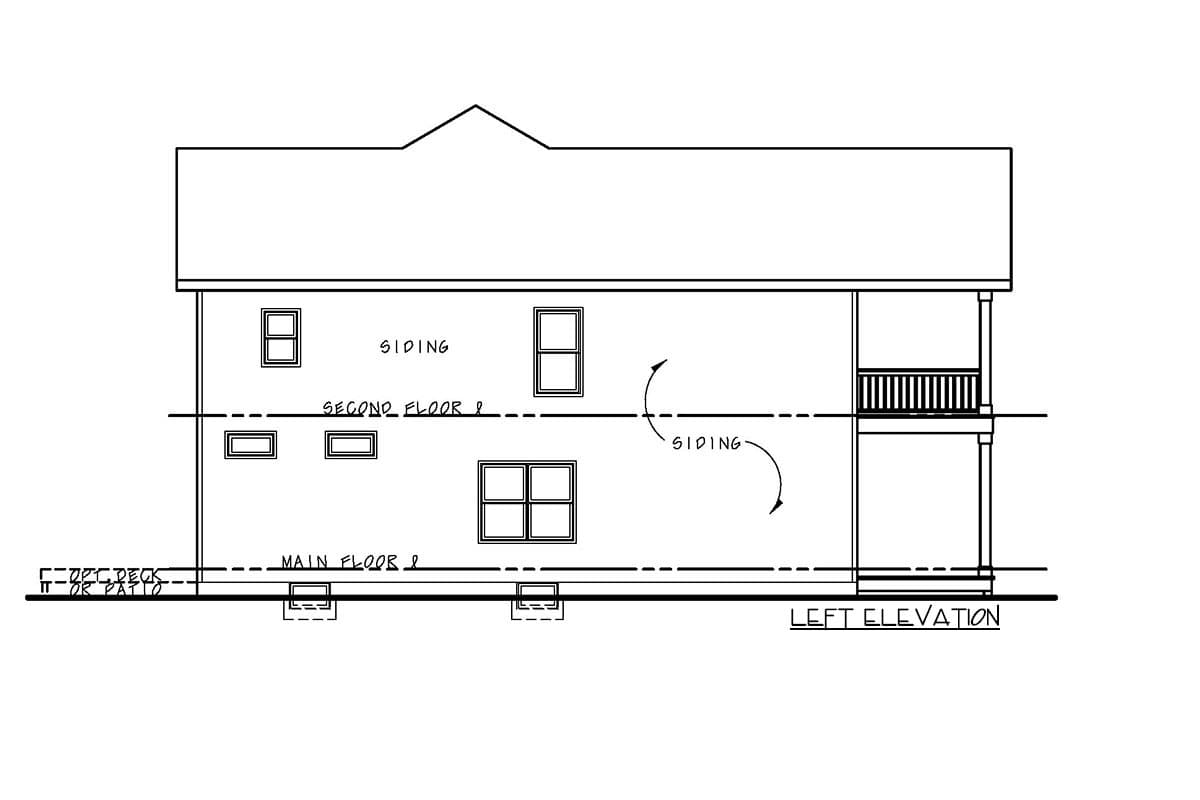 Left elevation drawing of a two-story house plan with siding, multiple windows, and a front porch.
