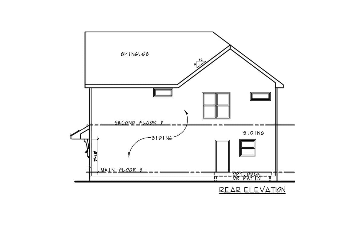 Rear elevation drawing of a two-story house plan, showing shingles, siding, windows, and an optional deck or patio.