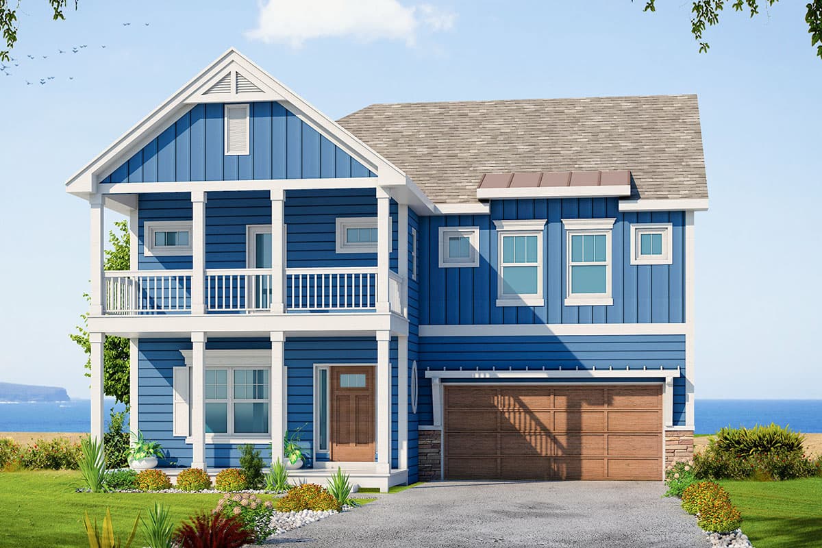 House plan exterior. Two-story house in Craftsman style. Features include a front porch with columns, gables, and an attached garage.