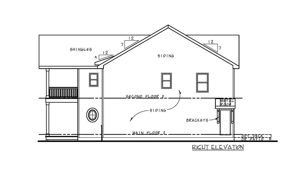 Right elevation house plan showing two stories, gable roof, porch, and siding.