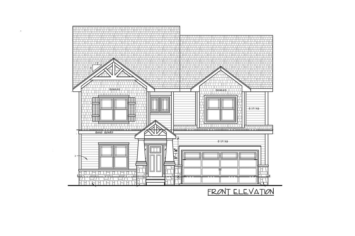 Front elevation house plan drawing showing a two-story home with shake siding, gables, and a two-car garage.