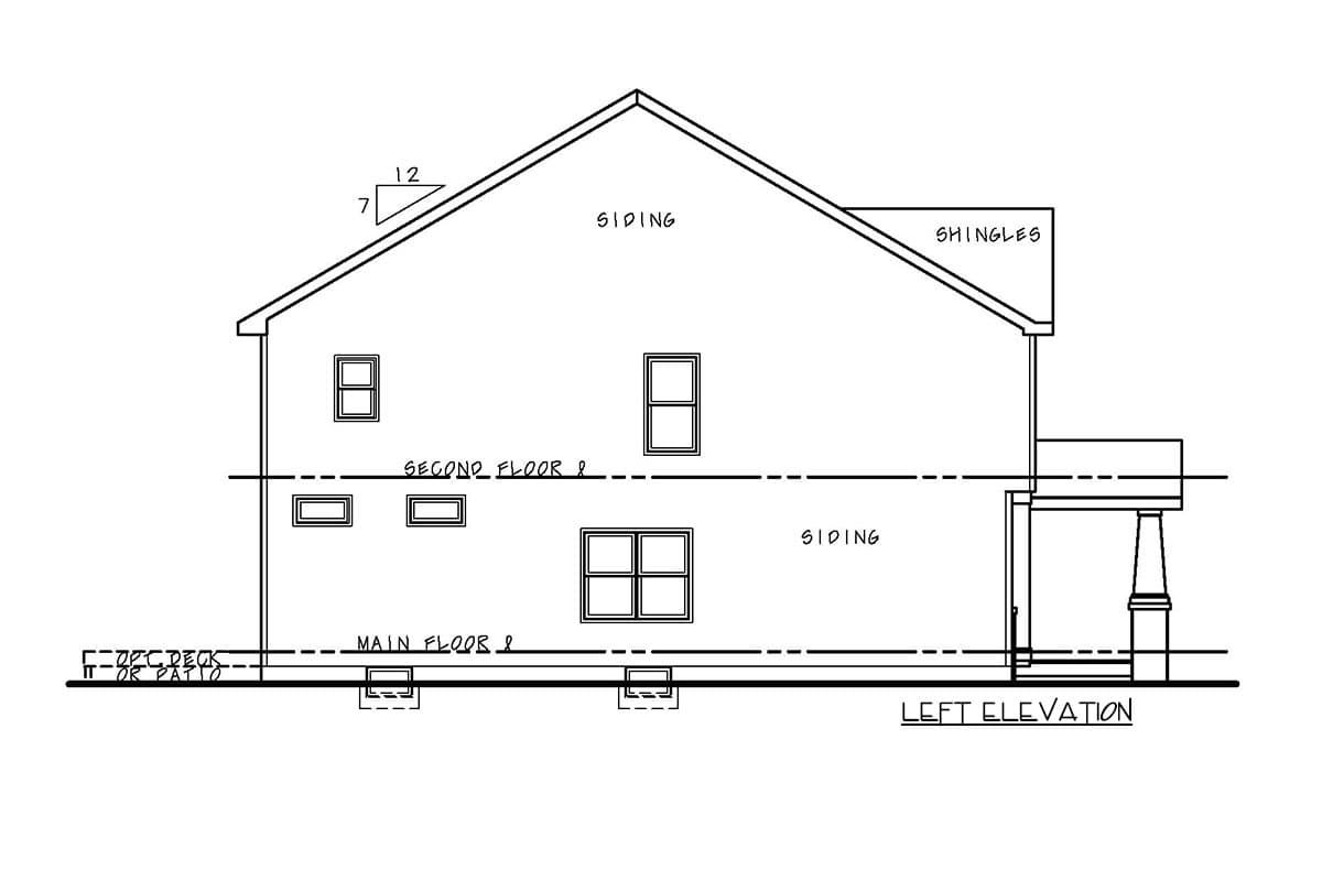 Left elevation house plan drawing showing two stories, siding, shingles, roof pitch 7/12, and deck or patio.