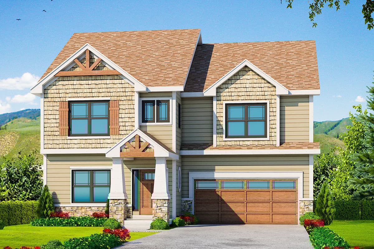 House plan exterior. Two-story Craftsman home with gabled roof, shake siding, and attached garage. Decorative truss brackets on the gables and entry.