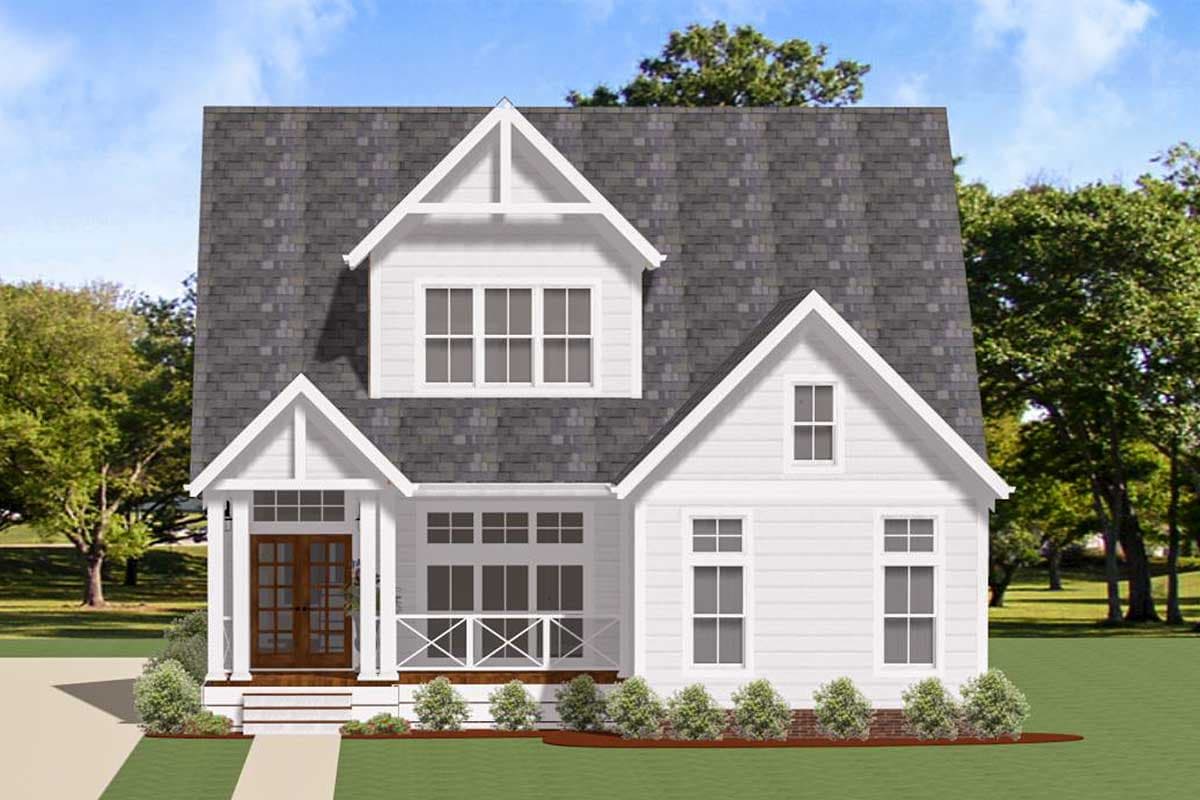 House plan exterior: Two-story modern farmhouse with gabled dormer, front porch with cross-brace railing, and double front doors.