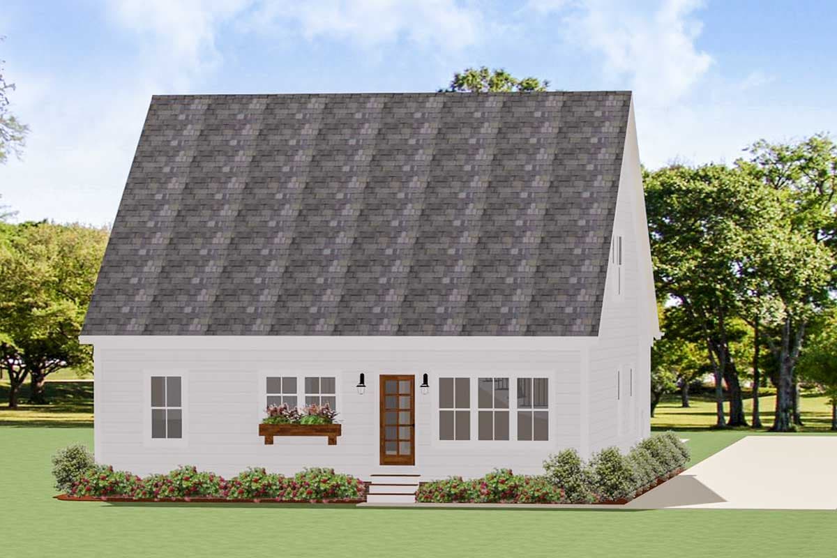 House plan exterior of a two-story home with a steep gable roof, centered door, and multiple windows.