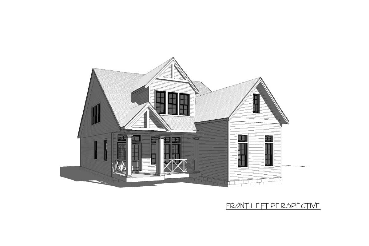Architectural house plan exterior with wraparound porch, multiple gables, and varied window styles.
