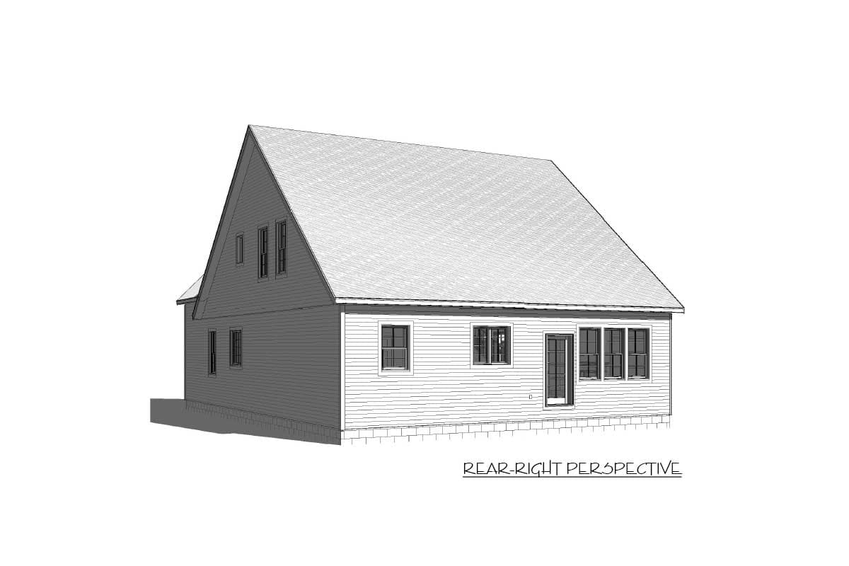 House plan exterior: two-story dwelling with gabled roof, dormers, and horizontal siding. Rear-right perspective.