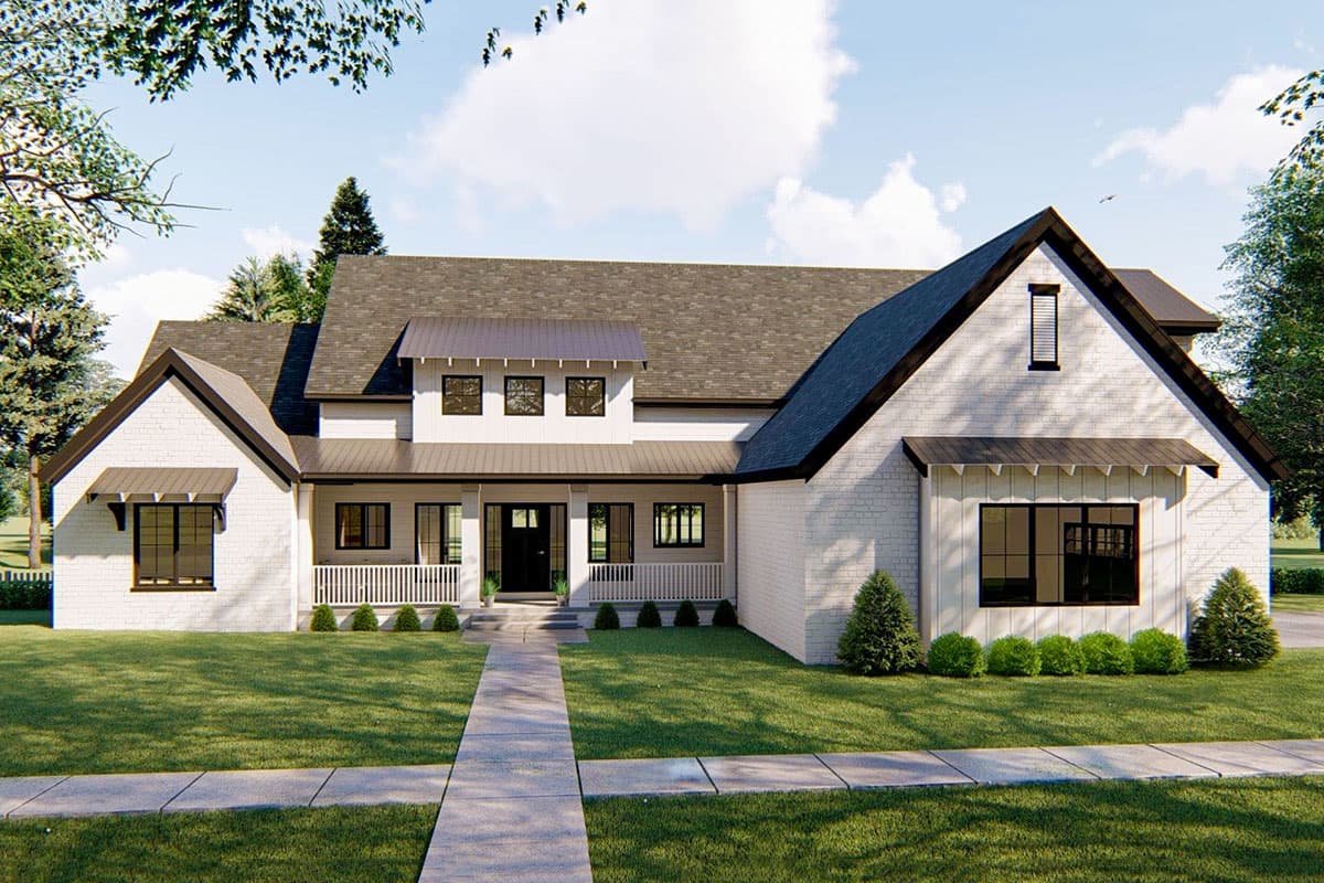 House plan exterior rendering. Modern Farmhouse style with a gabled roof, a covered porch, and awning-covered windows. Two stories.